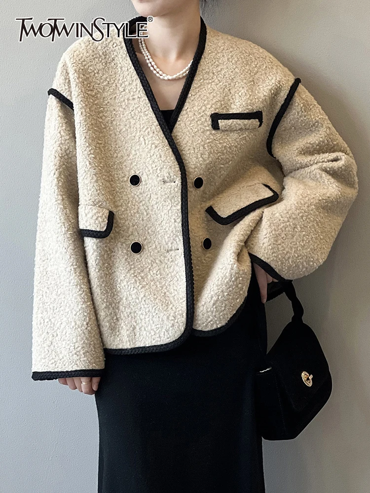 

TWOTWINSTYLE Colorblock Loose Coat For Women V Neck Long Sleeve Patchwork Double Breasted Casual Coats Female Fashion Clothes