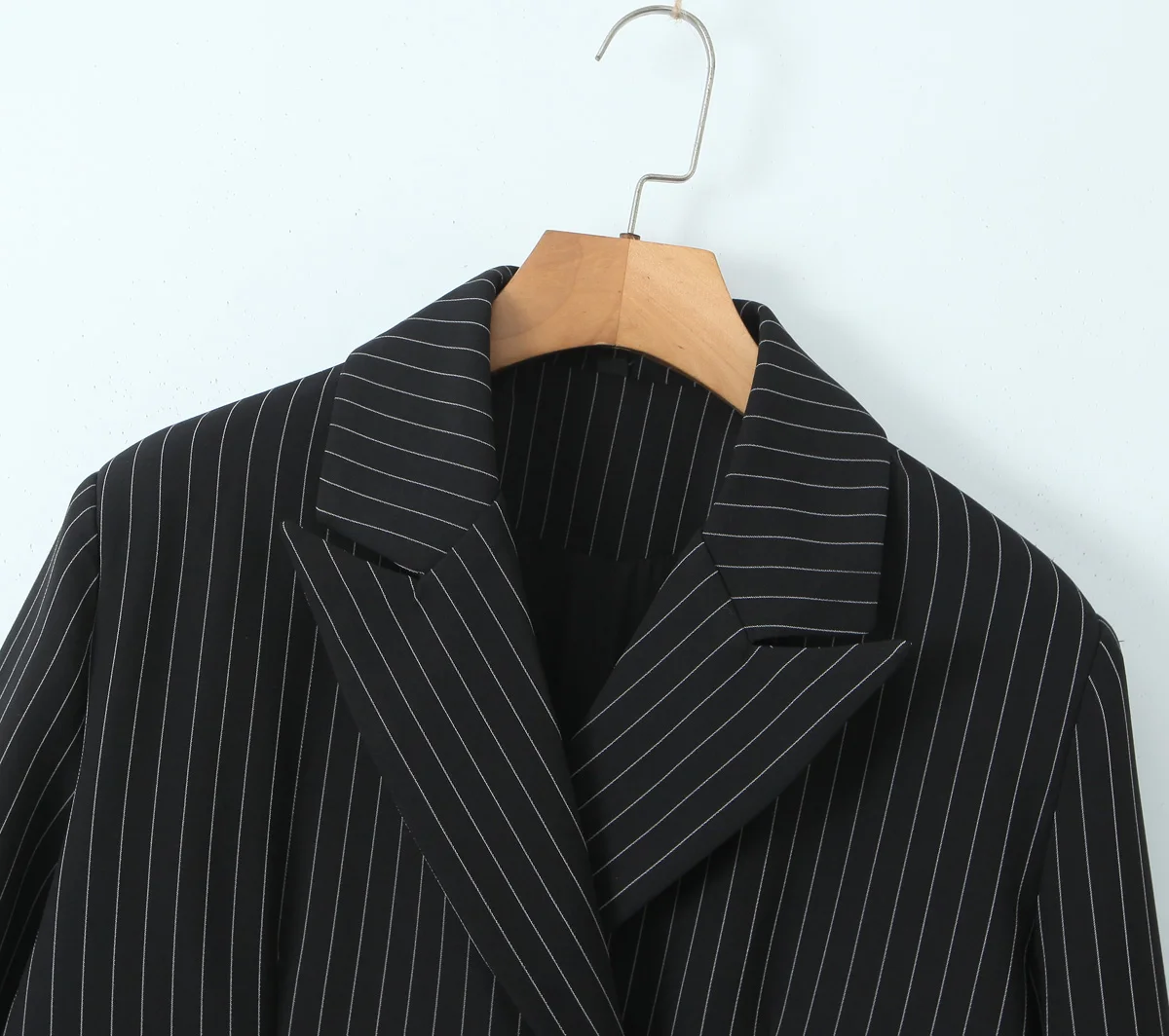 Spring Black Striped Oversized Blazer Women Loose Notched Full Sleeve Suits High Waist Long Flare Pants Halter Tank Tops
