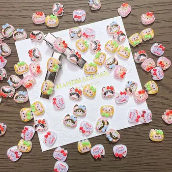 100Pcs Hat & Bow KT Kitty Nail Charms - Japanese 3D Cartoon Resin Nail Art, Cute Press-On Nail Decor for Kawaii Manicures 1