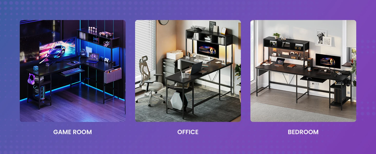 L-shaped gaming desk with LED lighting setup