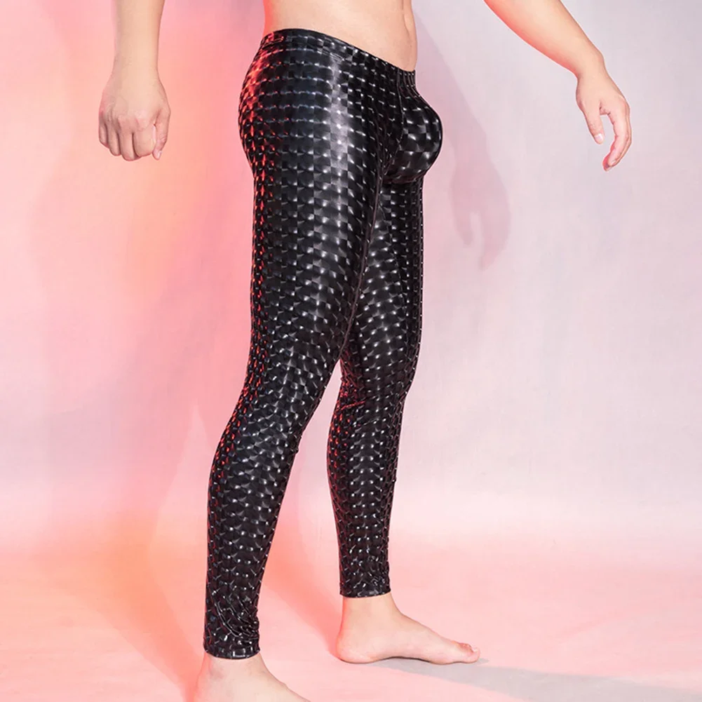 Sexy Men Pants Elastic Oil Shiny Leopard Tight Pants Shaping Lingeries Pajama Trousers U Convex Pouch Temptation Leggings