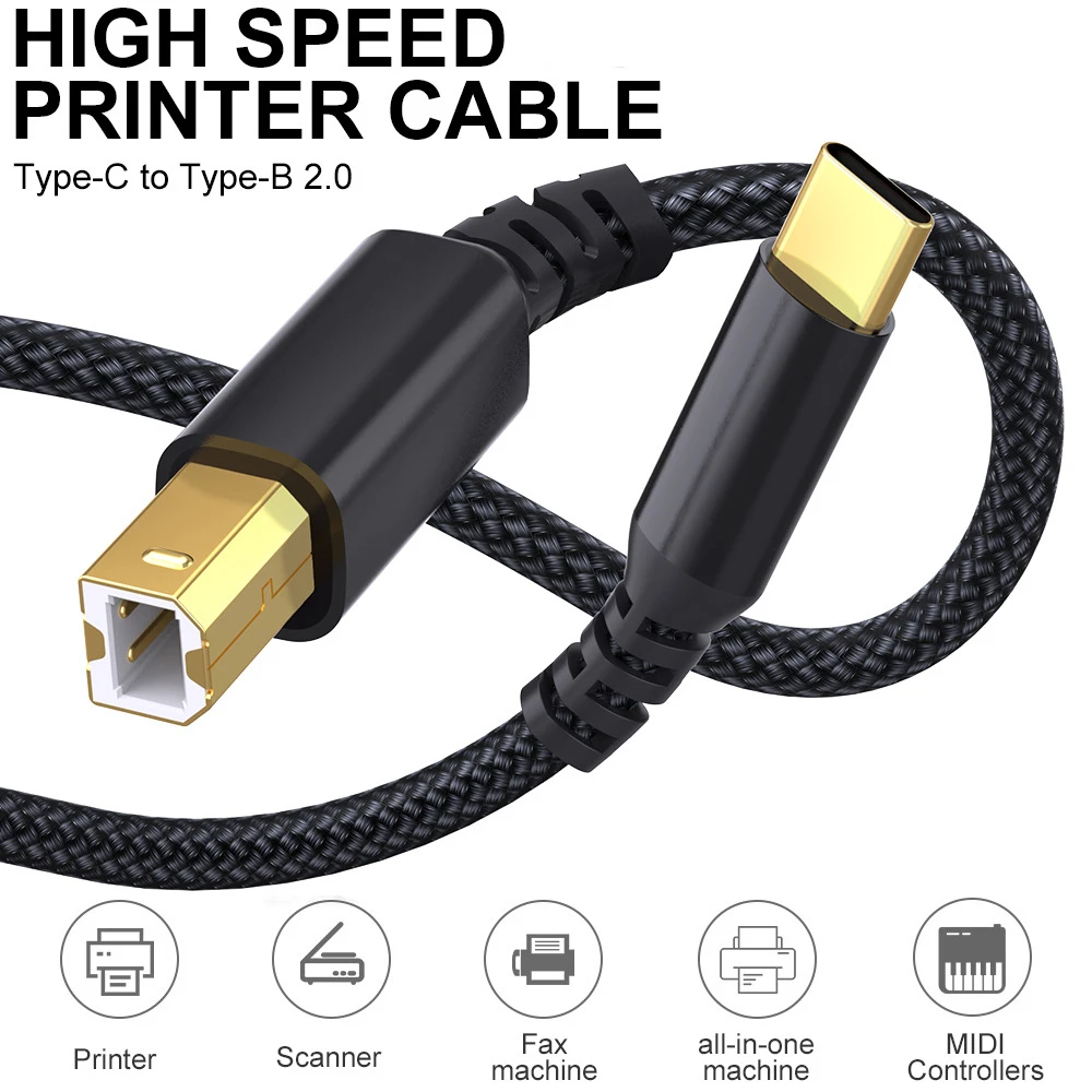 USB 타입 C - USB B 프린터 스캐너 케이블 그레이 코드 (캐논, 엡손, HP, 삼성, 유니버설, 사무용 데이터 전송 와이어)