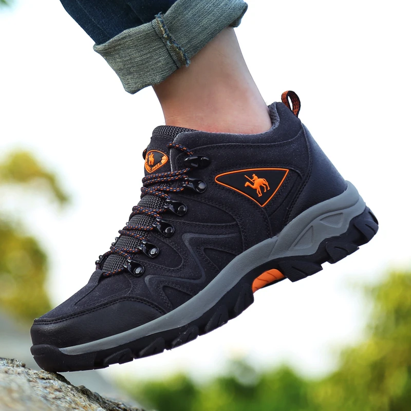 HIKEUP Leather Men Hiking Shoes Tourist Trekking Sneakers Mountain Climbing Boots Trail Jogging Outdoor Shoes For Men