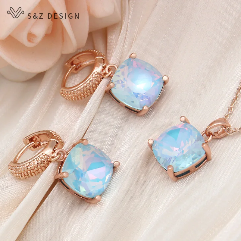 S&Z DESIGN New Fashion 585 Rose Gold Color Square Crystal Dangle Earrings Jewelry Sets For Women Wedding Pendant Necklace Gift