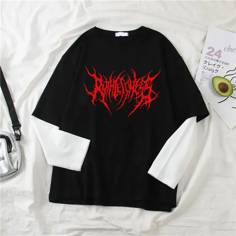 Fashion Punk Dark Style Printed Round Neck T-shirt Y2K Sport Harajuku Thin Women's Top Long Sleeves T Shirt Outdoor Loose Shirt 3
