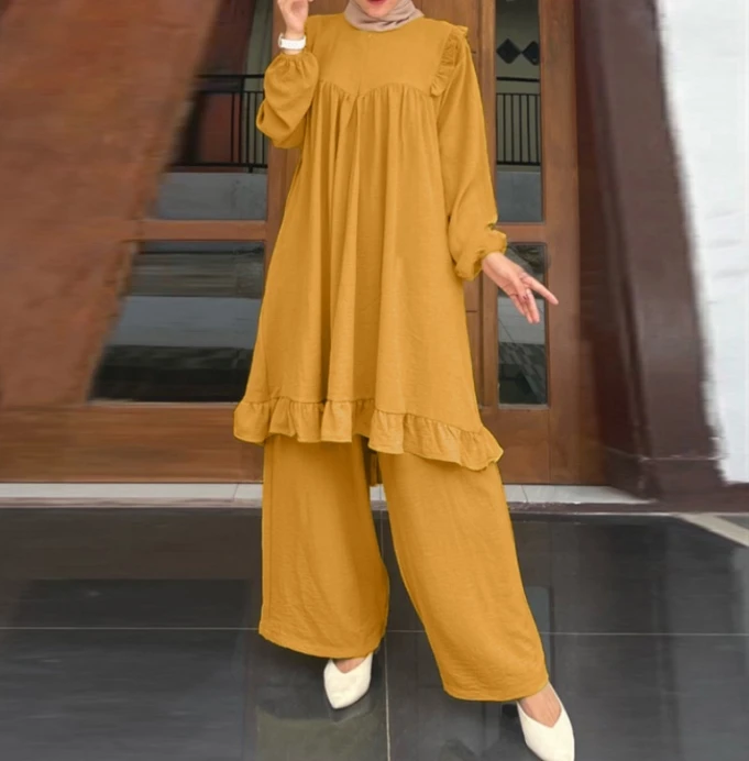 Home Fashion Suit Set for Women's Casual Ruffle Edge Solid Color Patchwork Long Sleeved T-shirt Top and Loose Wide Leg Pants Set