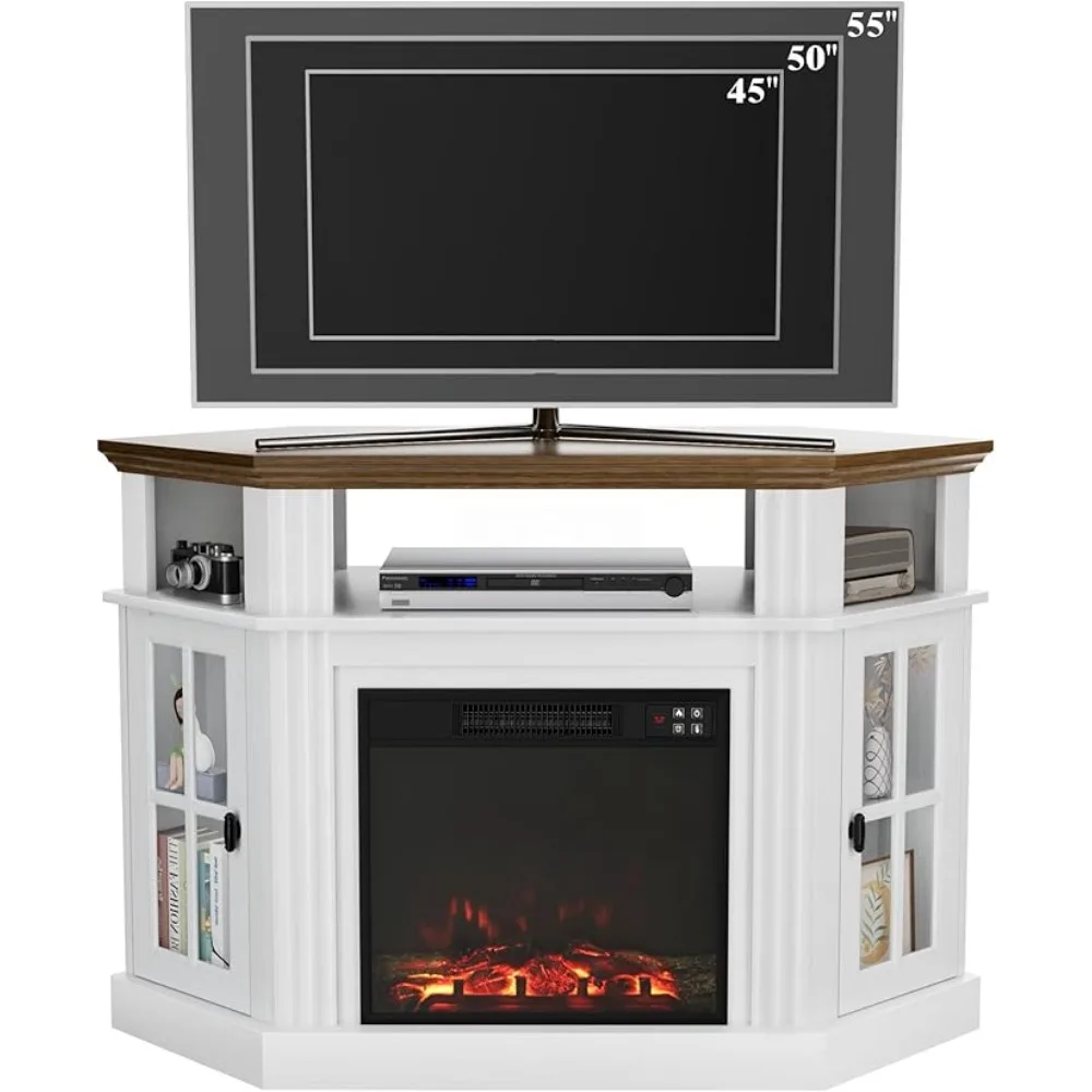 Fireplace Corner TV Stand, Entertainment Center with 18" Fireplace, TV Console Table with Glass Door Storage Cabinet (White) 6