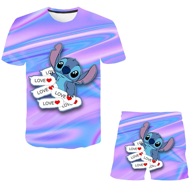 Lilo & Stitch-Conjunto de Camiseta y pantalón corto para niño y niña, traje informal para el hogar, Tops y pantalones cortos de Disney, ropa de ocio para verano