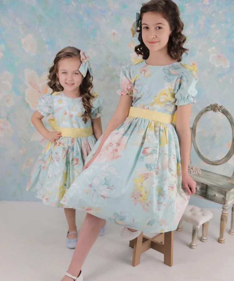 0-12Y طفلة الصيف الوردي الأزهار الأزرق التركية  لوليتا الأميرة الكرة ثوب ثوب لعيد ميلاد عطلة عادية عيد B189