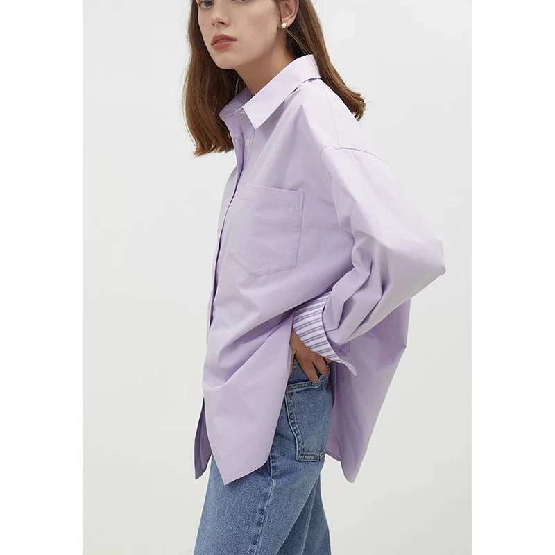Casual Loose Shirt And Blouse Turn-down Neck Purple Patchwork Stripe Long Sleeved Clothes Top Single Breasted Simple Streetwear