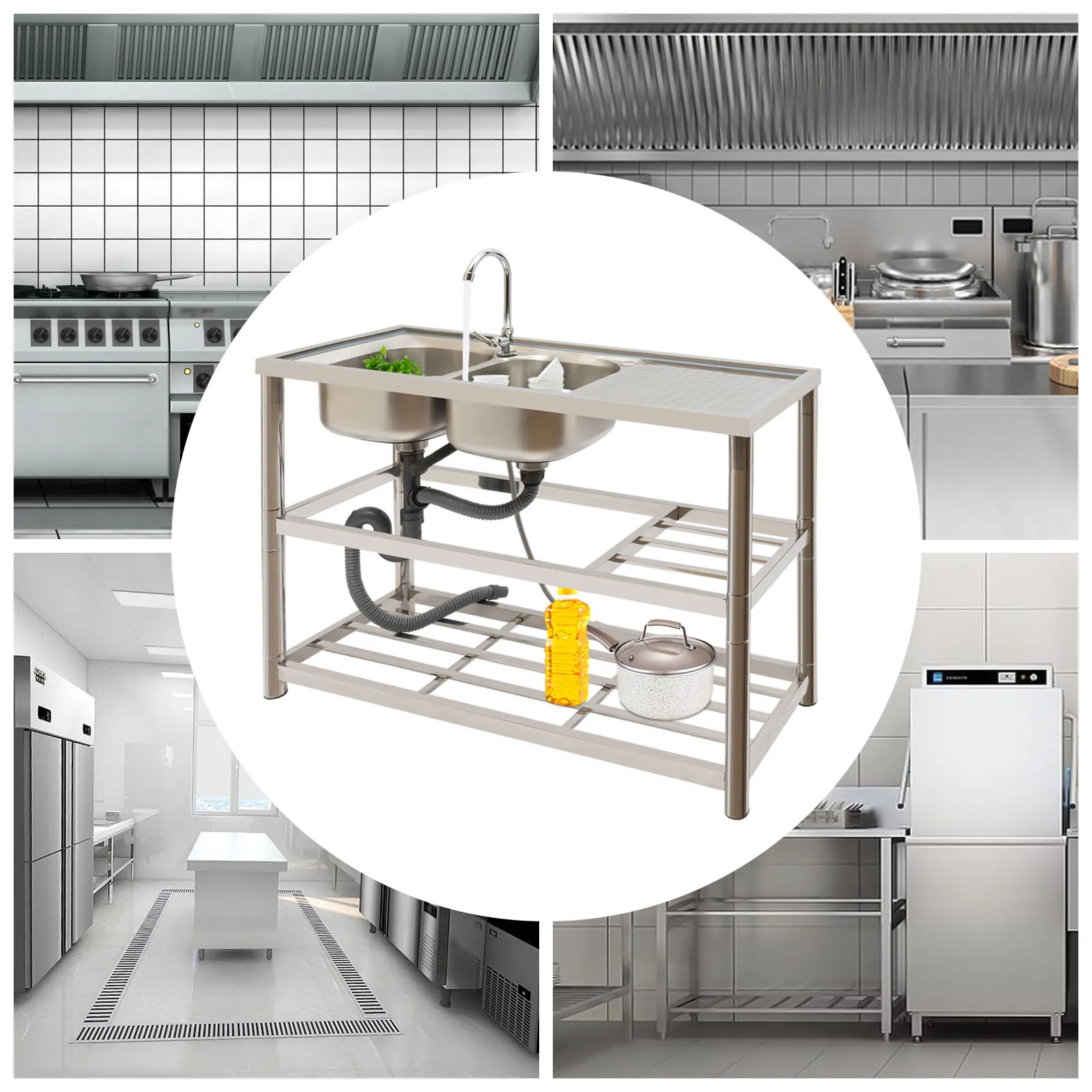 Free Standing Stainless-Steel Double Bowl Commercial Restaurant Kitchen Sink Set w/Faucet & Drainboard