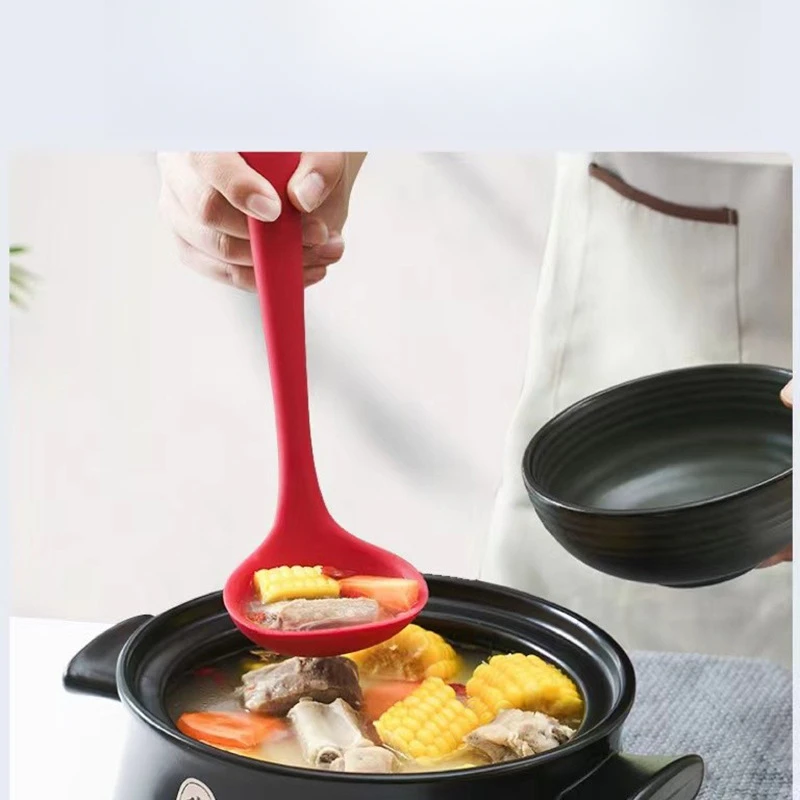1 Color 298mm Non-stick Silicone Ladle Soup Spoon Heat Resistant Round Scoop All-in-one Silicone Large Spoon Kitchen Utensils