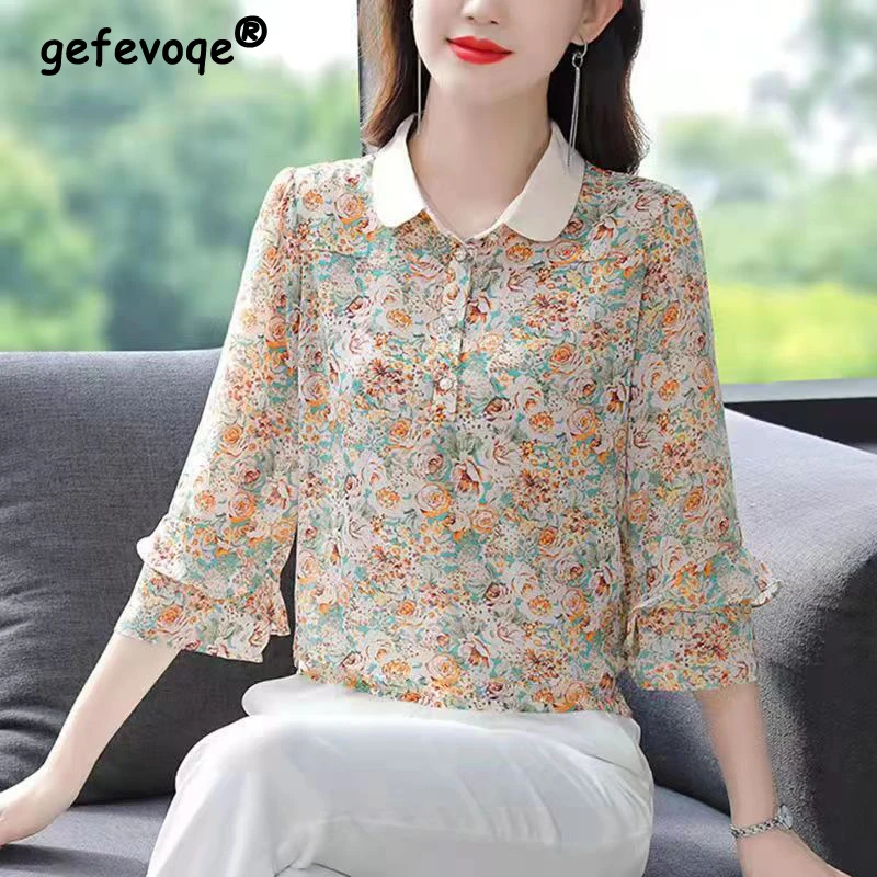 

Women Floral Print Beaded Button Shirts Spring Summer Fashion Elegant Loose Blouses Ruffles 3/4 Sleeve Chic Tops Blusa Feminina