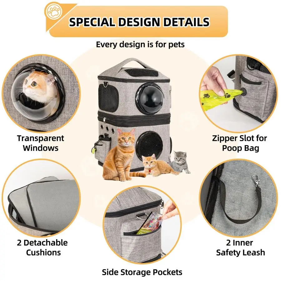 Double Cat Backpack Carrier for 2 Cats – Transparent Foldable Pet Backpack for Cats & Small Dogs (Up to 32 lbs)