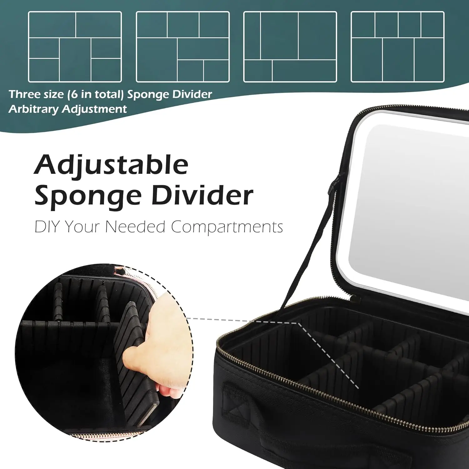 Makeup Organizer with Mirror Light 3 Adjustable Brightness Travel Train Case Cosmetic Bag Portable Storage Partition Waterproof 5