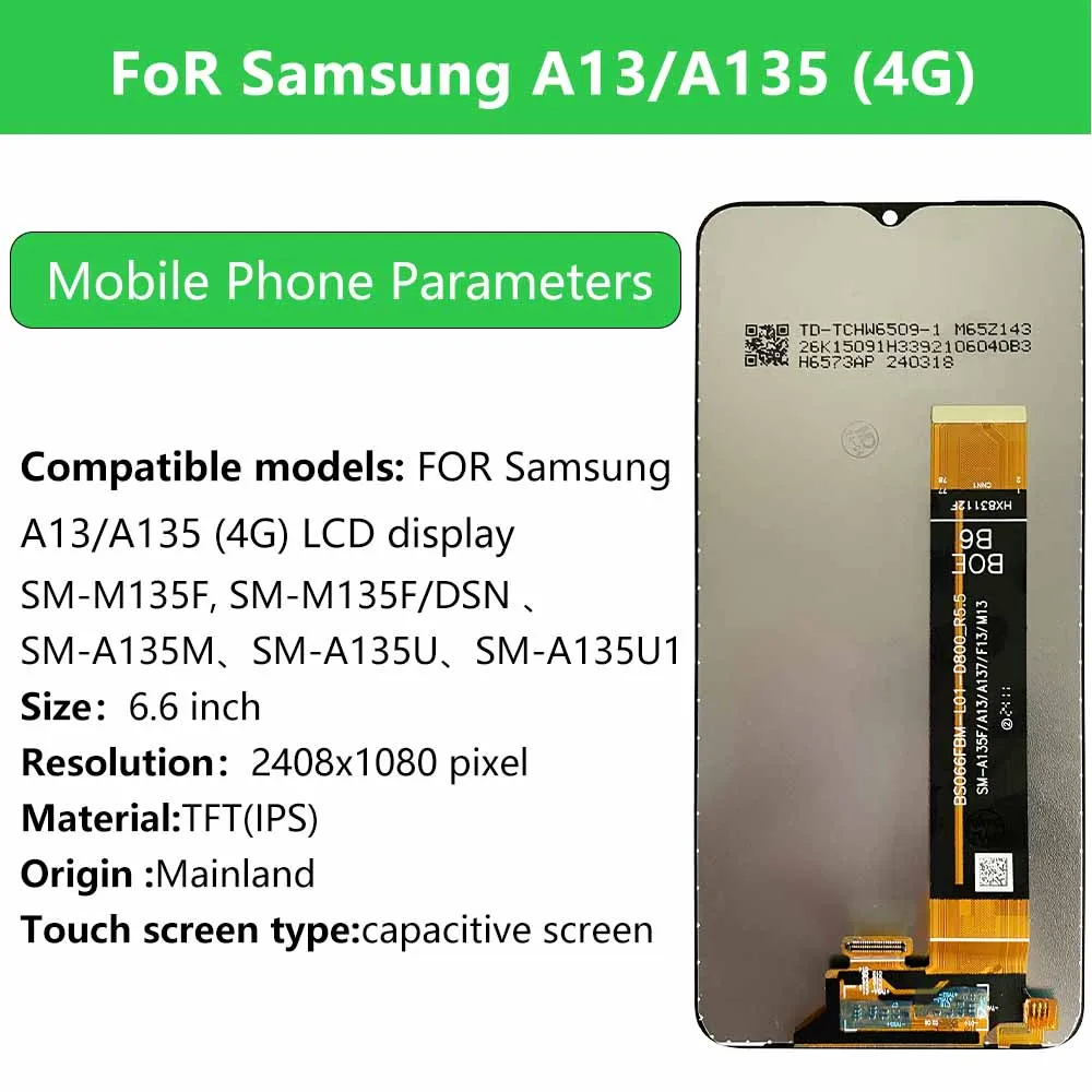 OFFKING LCD 터치 디스플레이, 삼성 A13, A135, 4G LCD 스크린, 삼성 LCD 전화 부품, 조립 교체, 6.6 인치 스크린
