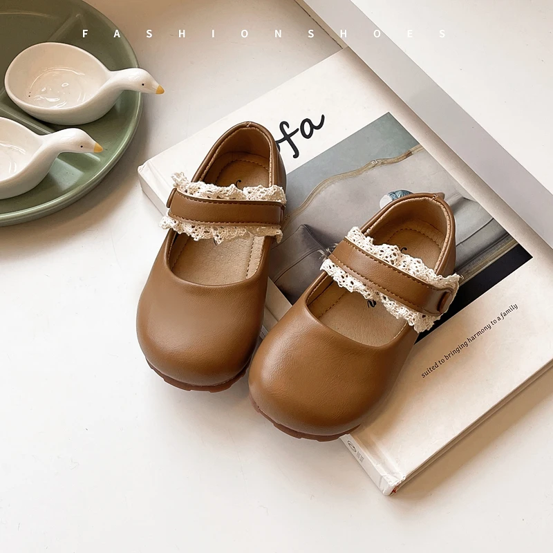 Baby Girls Leather Shoes for Party Wedding Soft Toddlers Kids Mary Janes with Lace Princess Sweet Children Flats Spring New