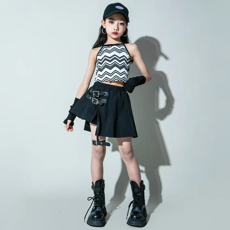 Kids Hip Hop Clothing Girls Jazz Costume Crop Tops Black Skirt Teenage Group Kpop Music Festival Performance Suit Rave Wear