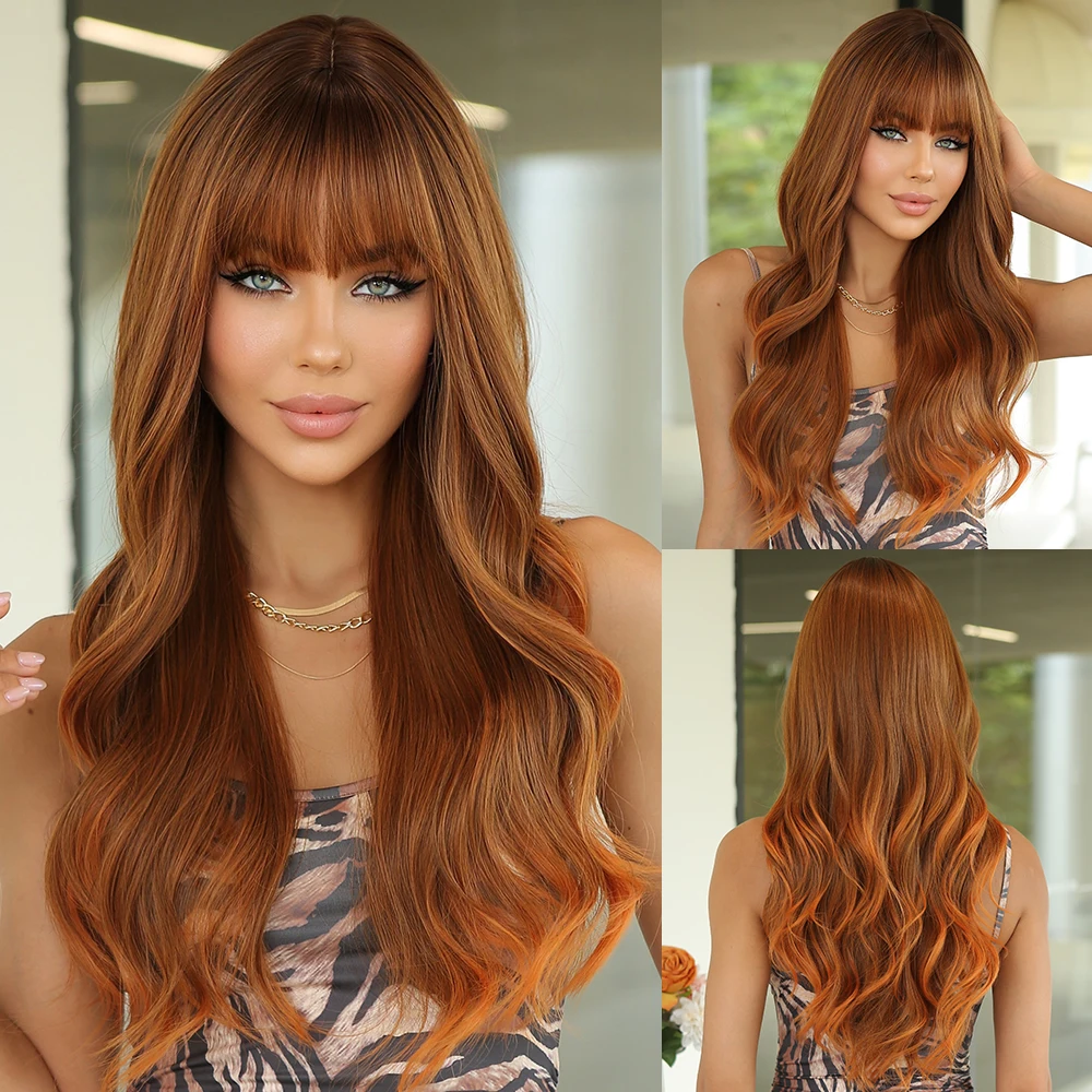 

Brown Synthetic Hair Wig Long Wavy Daily Use Wigs for Black Women Heat Resistant Middle Part Hair Body Wave Cosplay Fake Hair