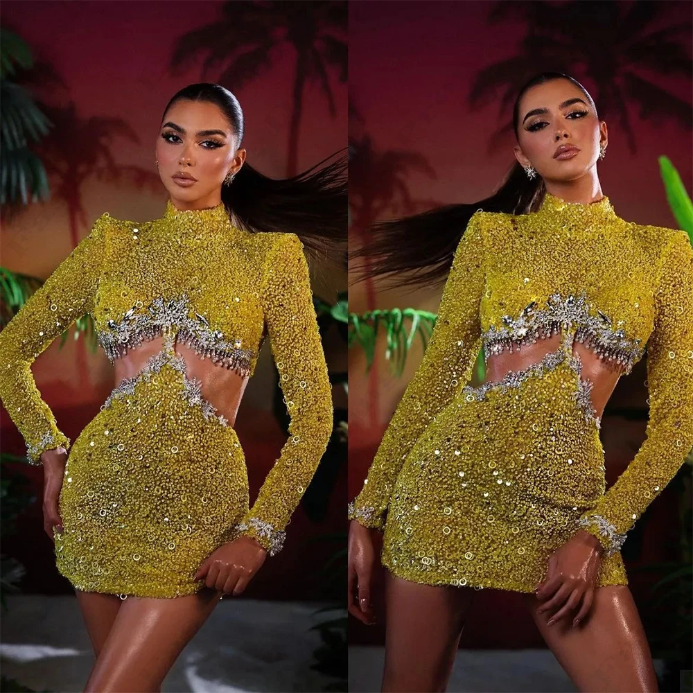 

Fashion Elegant Bareback Evening Dresses For Women Romantic Luxury Exquisite Beading Simple High Neck Long Sleeves Prom Gowns