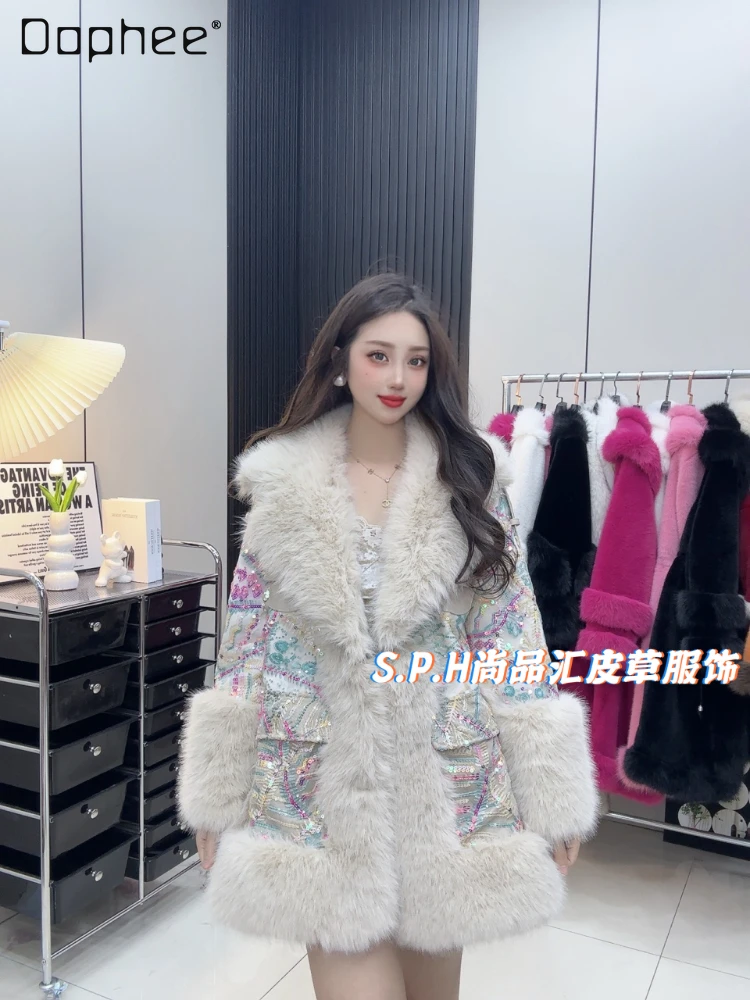 

Heavy Embroidery Sequins Long Sleeves Toka Fur Jacket Female 2023 Winter New Versatile Light Luxury Faux Fur Jacket Women