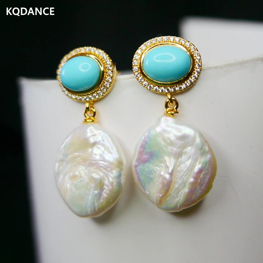 

KQDANCE 925 Sterling Silver Needle Blue Turquoise and White Natural Baroque Freshwater Pearl Drop Earrings Gold Plated Jewelry