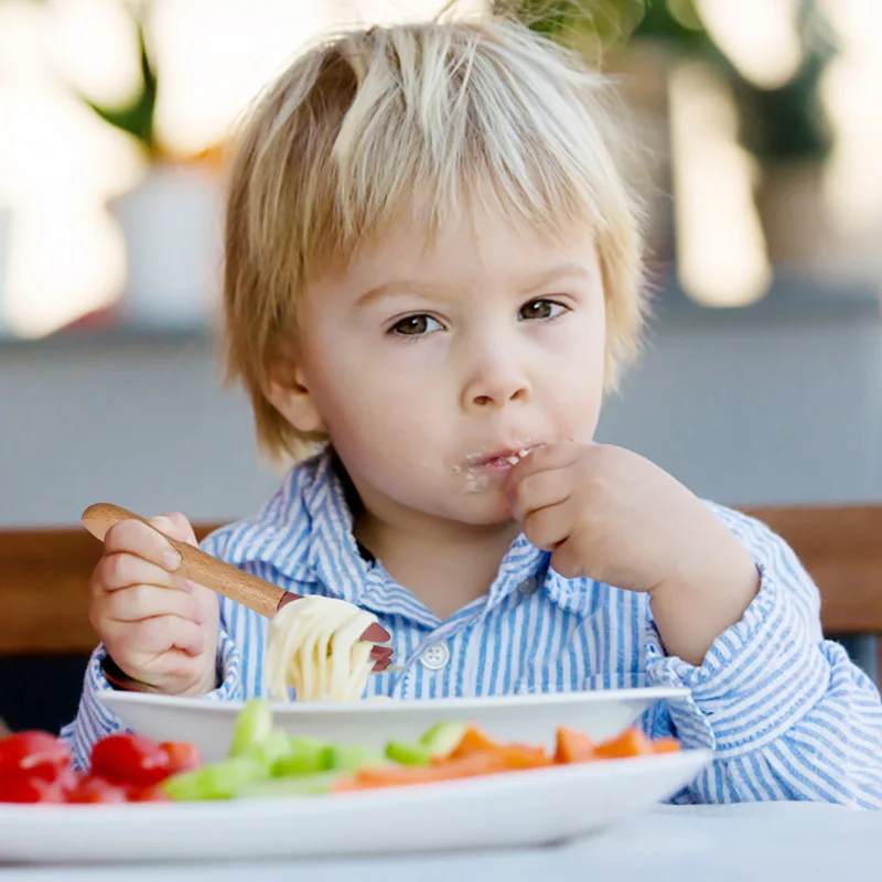 2pcs/set Tableware Baby Spoon Fork Set Children's Silicone Wooden Feeding Training Baby Dinnerware Cutlery Baby Feeding Supplies 4