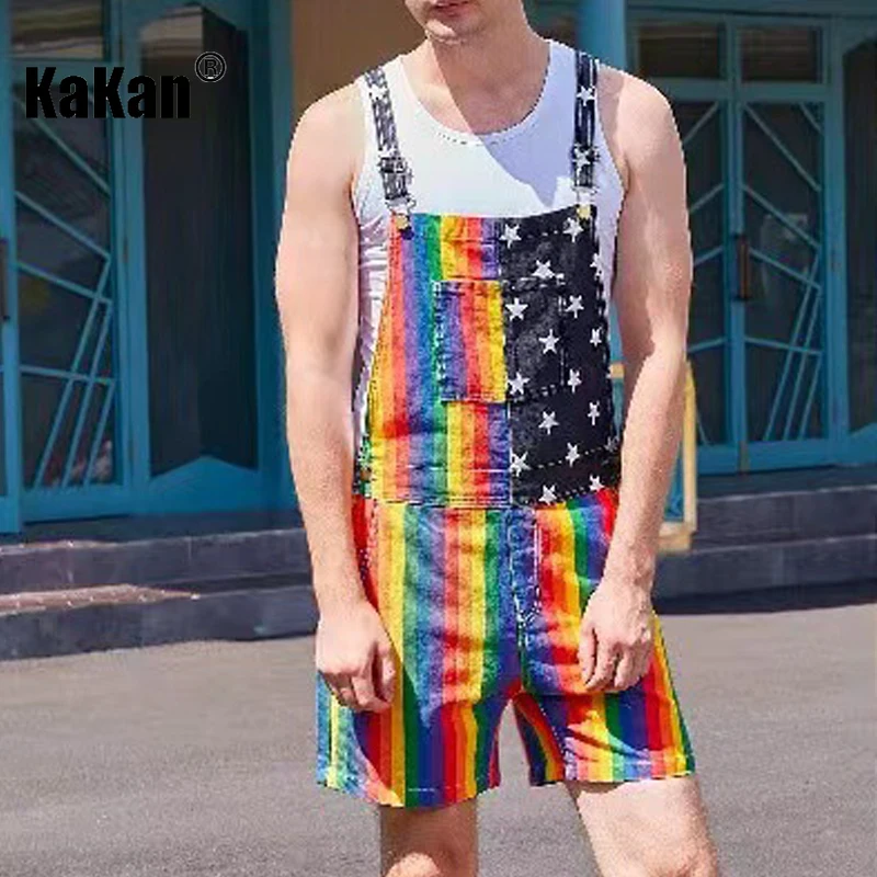 Kakan-Europe and The United States New American Independence Day Jeans for Men, Stars Rainbow Couple Suspenders Shorts 34-201