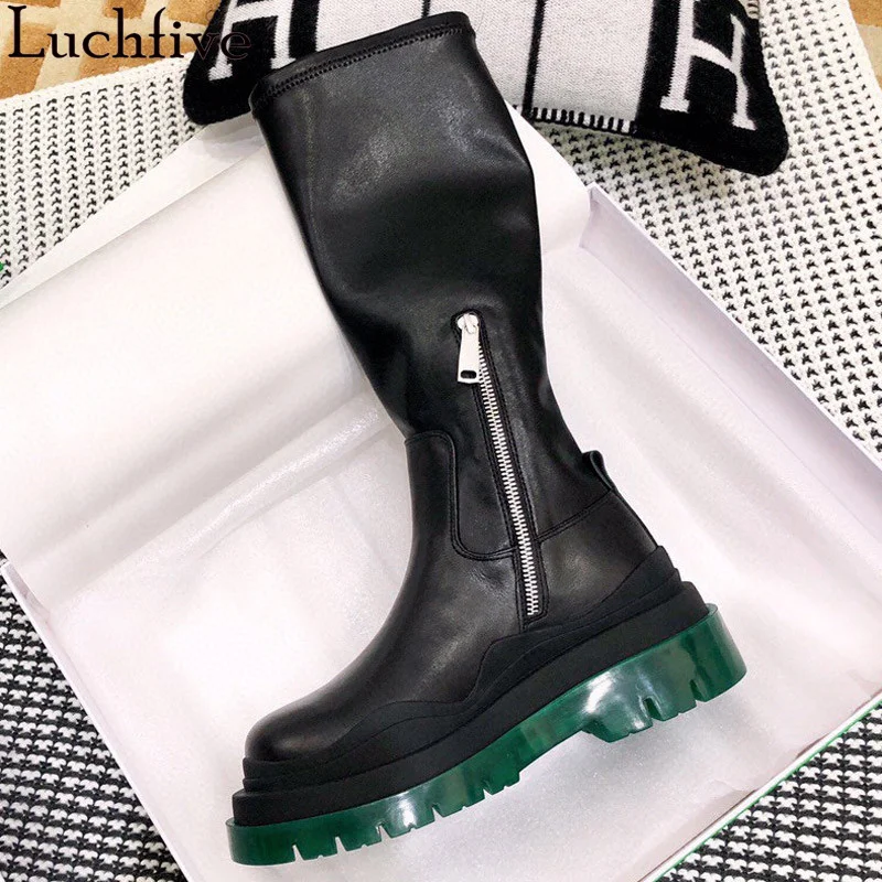 

Luxury Quality Knee High Boots Women round toe Thick Bottom Fashion Week Boots Autumn Hot Sexy Elastic Slim Brand Boots mujer