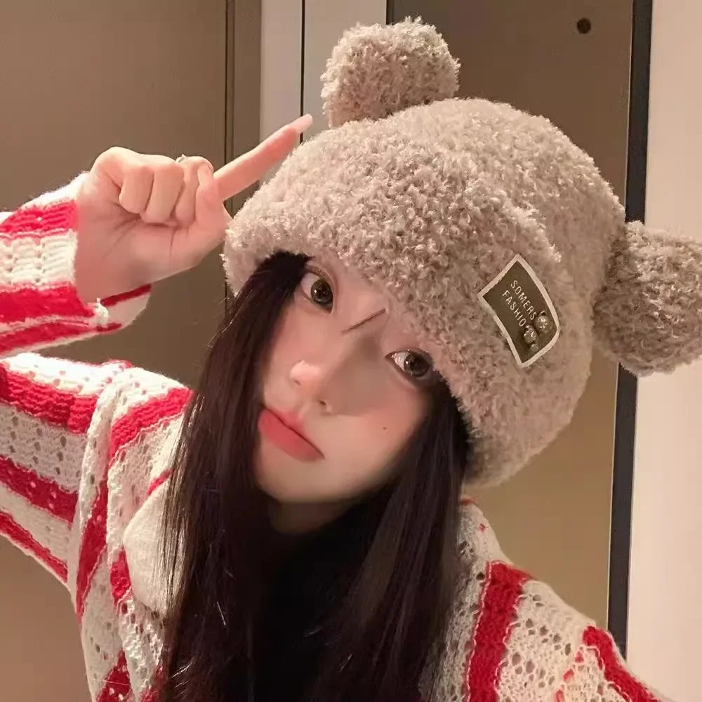2024 Bear Ears Plush Beanies Hat Winter Cute Warm Thickened Knitted Caps Beanies Korean Sweet Ear Protection Women's Hats Gifts 3