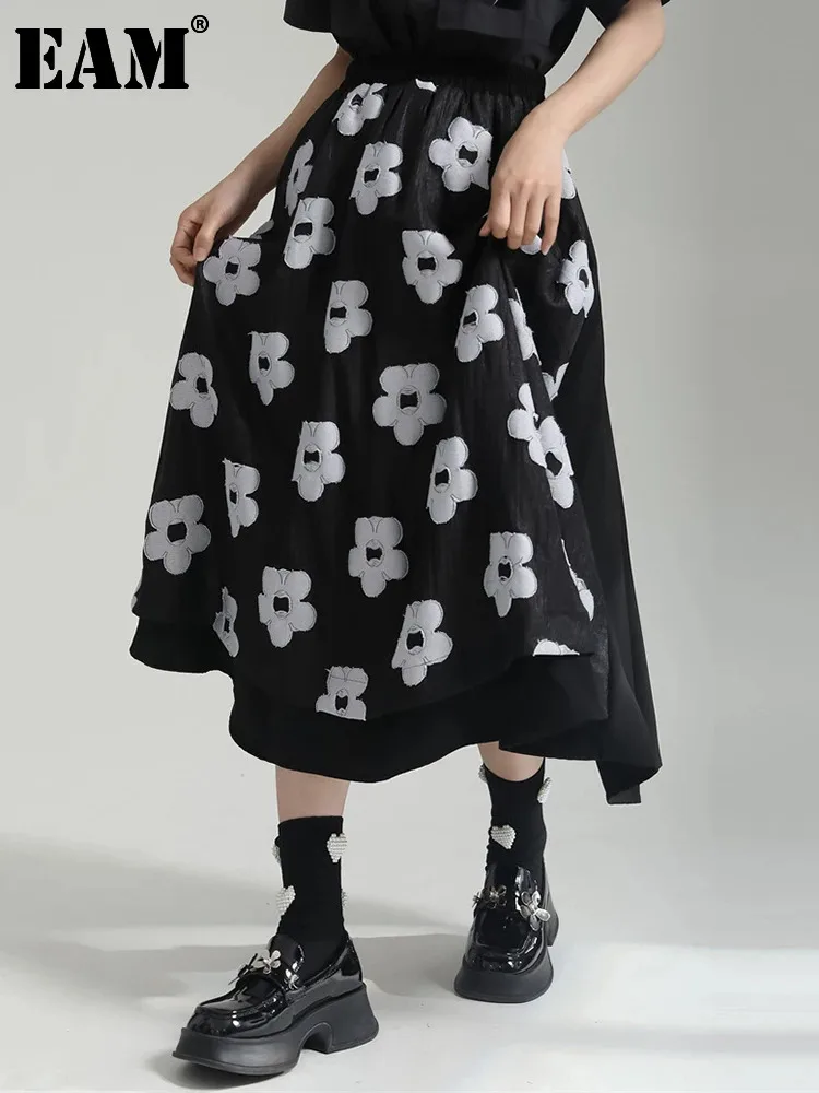 

[EAM] High Elastic Waist Black Flower Spliced Long Casual Half-body Skirt Women Fashion Tide New Spring Autumn 2024 1DF7192