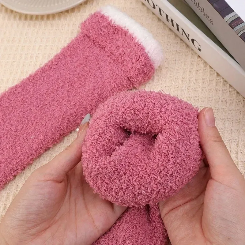 Women Autumn Winter Coral Fleece Long Socks Harajuku Solid Color Thickened Warm Stockings Comfortable Indoor Floor Sleeping Sock