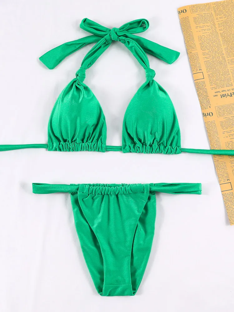 Pleasted Bikini Set Colaless Women Swimsuit Triangle Brazilian Beachwear - swimwear