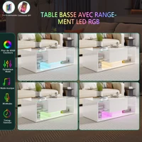 Table basse Superaly haute brillance, table de canapé blanche moderne avec éclairage LED, tiroir et compartiment ouvert, table d'appoint 100 x 50 x 35 cm, pour salon, bureau 4