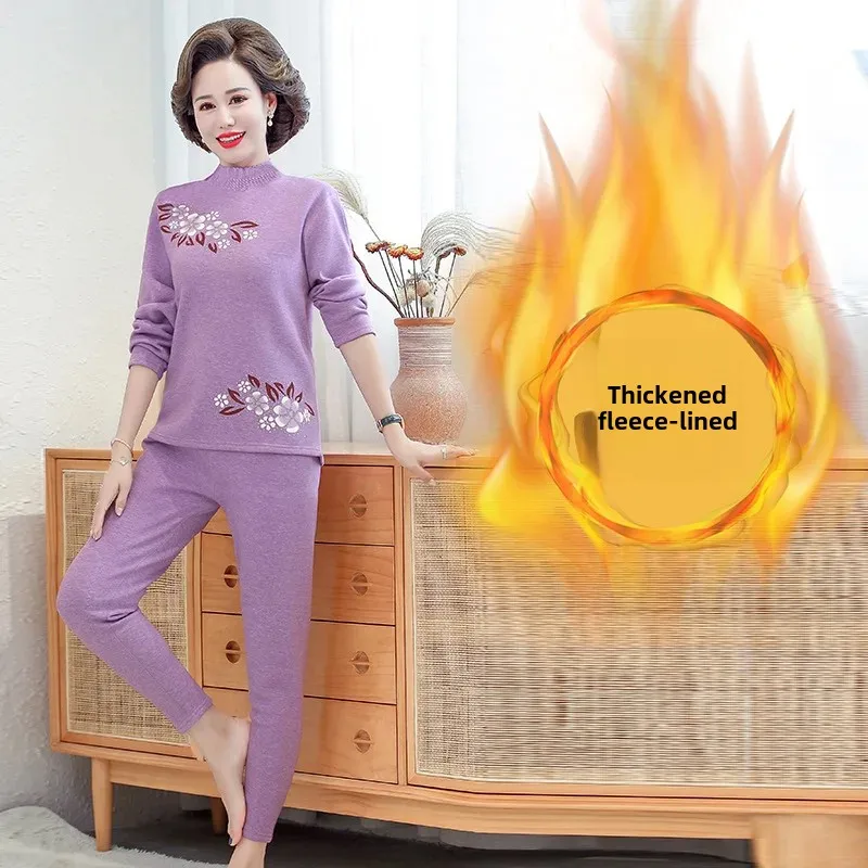 Thickened Fleece Warm Underwear Set for Mom Autumn Winter Mid-aged Women's Long-sleeve Nightgown And Thermal Pants Ensemble