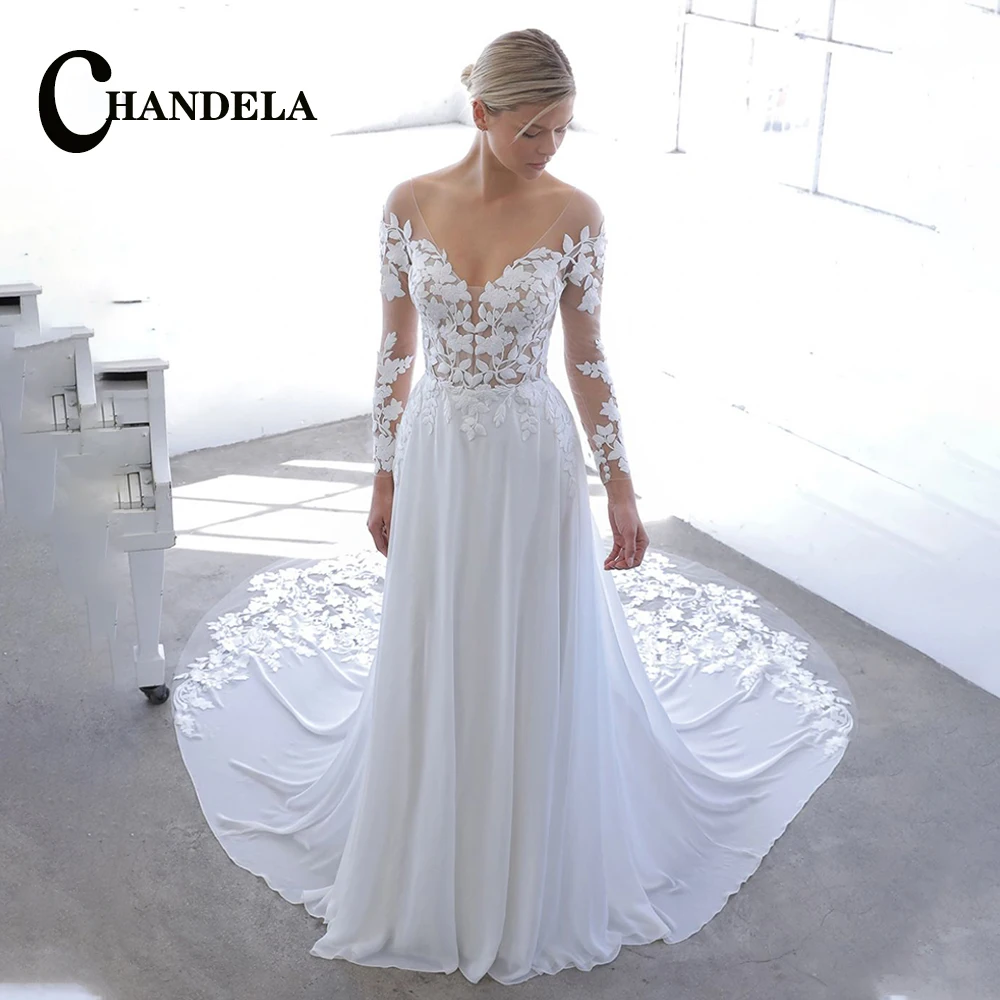 

CHANDELA Graceful Chiffon Scoop A-line Wedding dresses long sleeves Appliques Illusion Court Train Robe De Mariée Drop Shipping