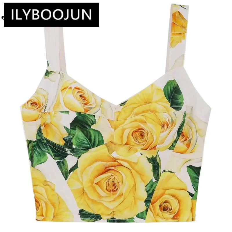 

ILYBOOJUN Fashion Designer Spring Cotton Camis Tops Women Spaghetti Strap Sleeveless Floral Print Vacation Backless Short Top