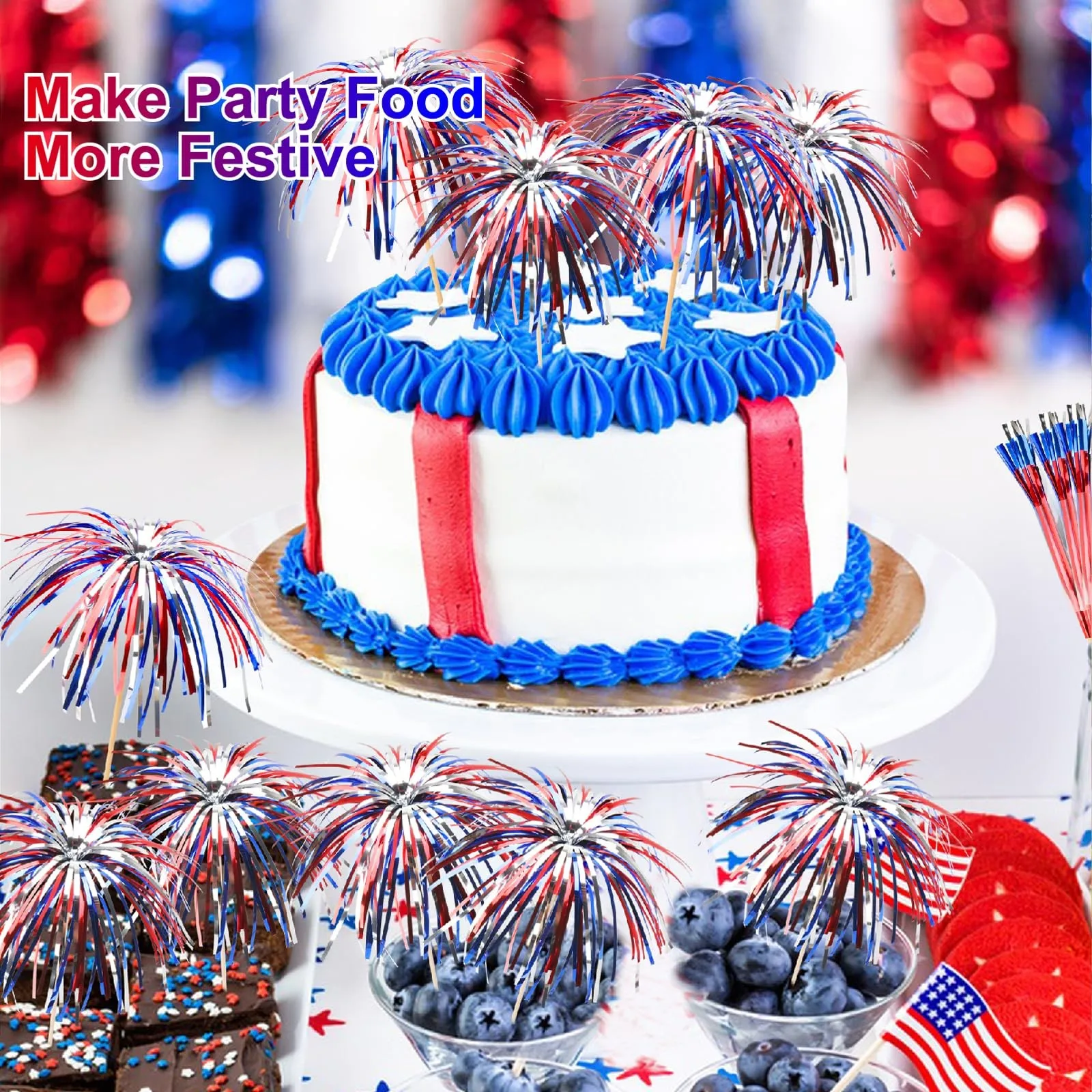 Independence Day Cocktail 4.7 Inch Firework Design Red White and Blue Firework Picks party Bamboo Toothpick Cocktail Sticks