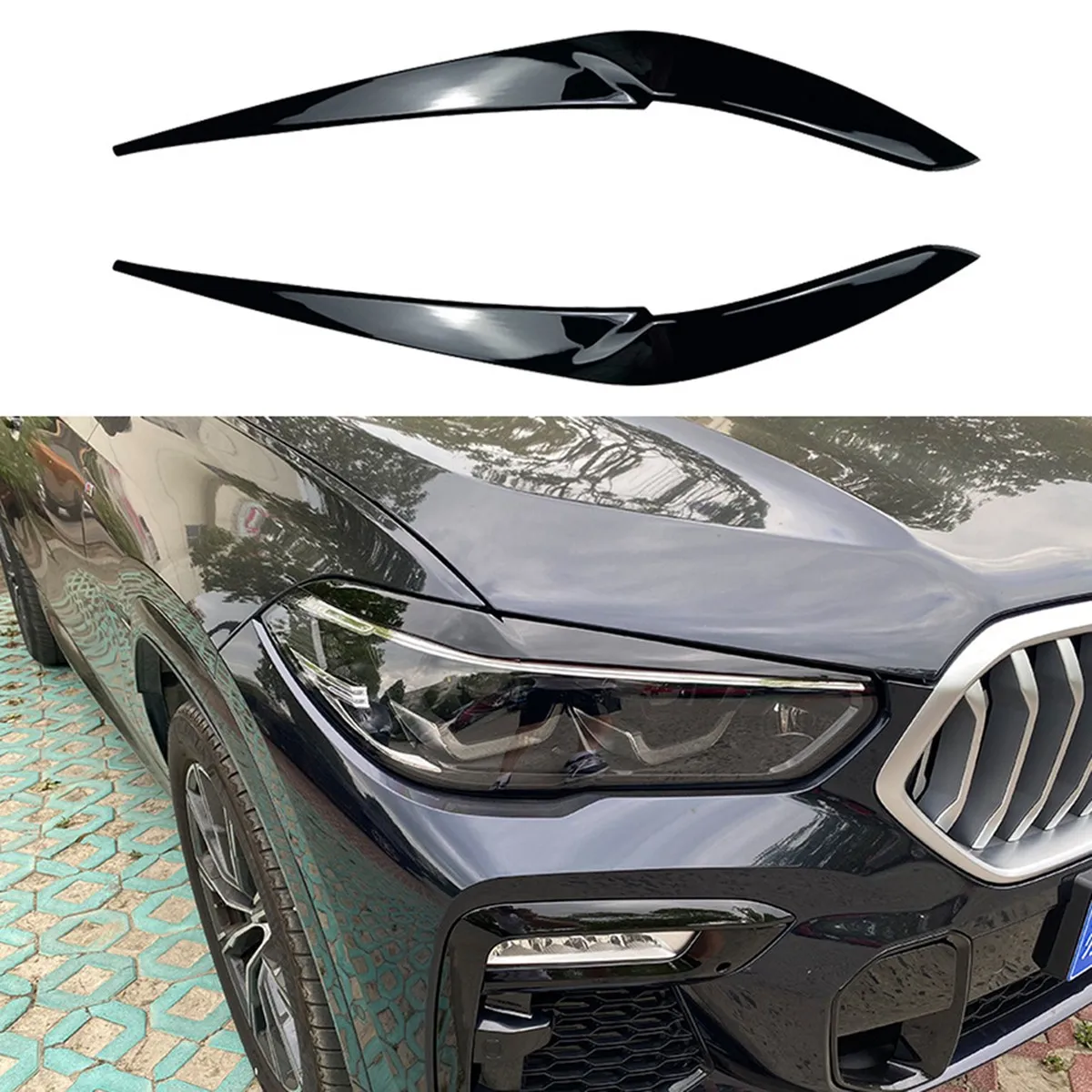 For BMW- X5 G05 X6 G06 2019 2020 2021 2022 Bright Black Front Headlight Lamp Cover Strip Eyebrow Trim Sticker