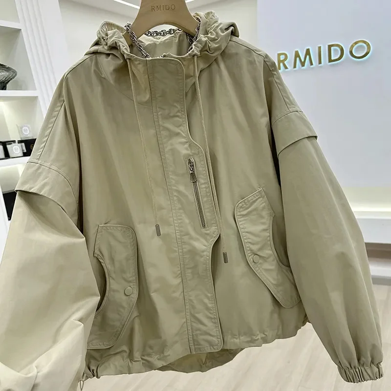2024 Fashion Spliced Zipper Shirring Printed Hooded Coats Women\'s Clothing Autumn Winter Loose Casual Windbreake Tops Jackets