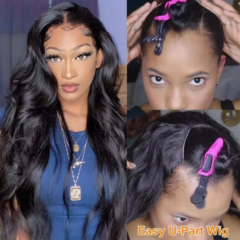 Sleek Body Wave U Part Wig Brazilian Human Hair Machine Made Natural Color For Black Women Human Hair Glueless Wig