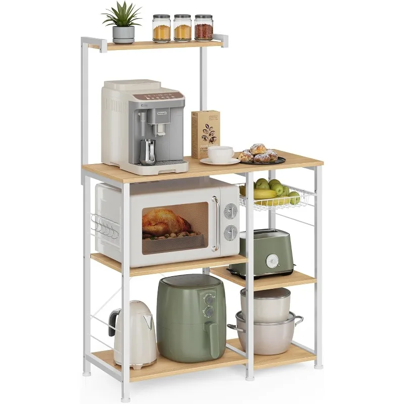 

Baker's Rack, Microwave Stand, Kitchen Storage Rack with Wire Basket, 6 Hooks, and Shelves, for Spices, Pots, and Pans