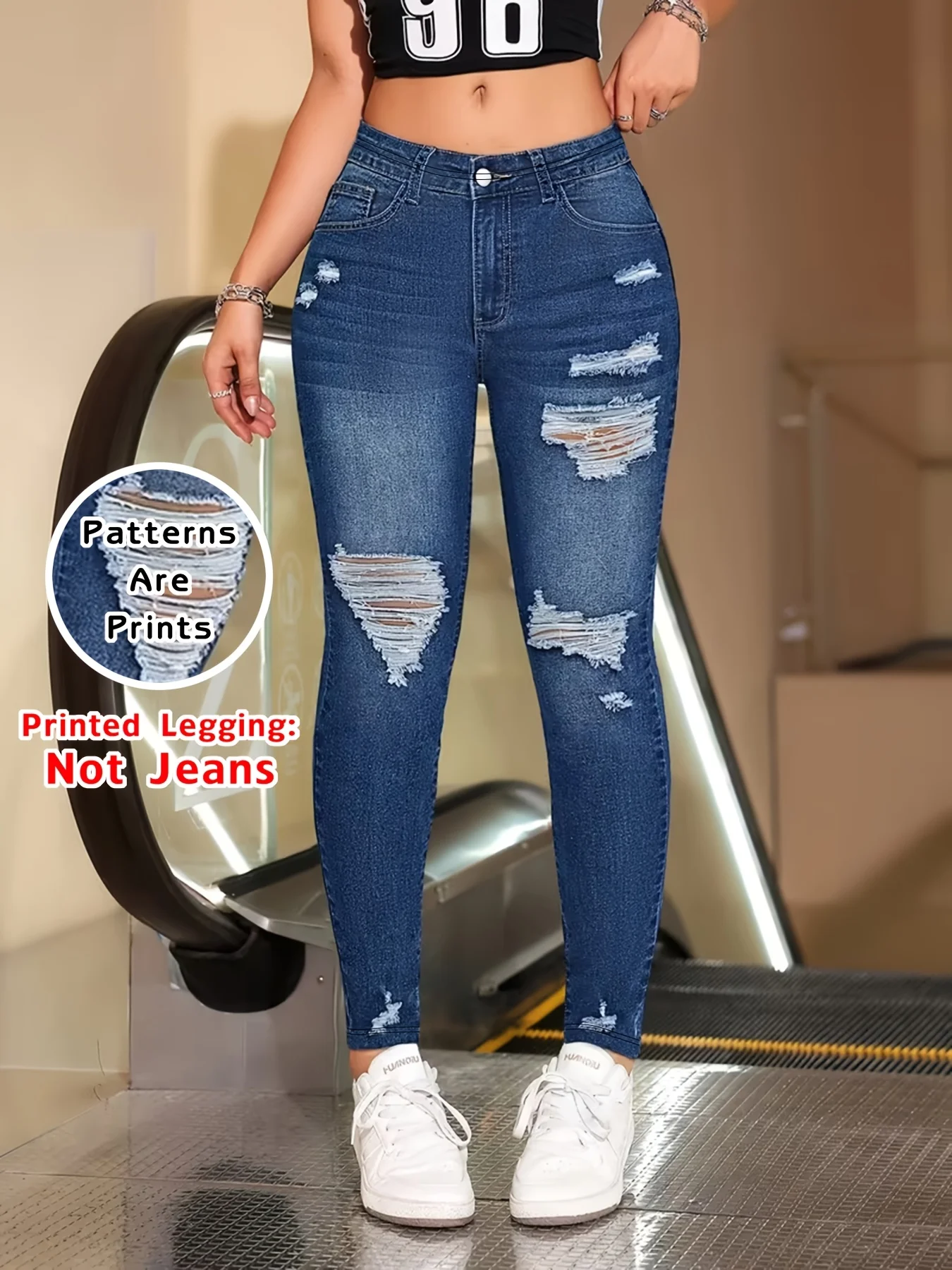 Modische bedruckte Skinny-Hose aus Kunst-Denim, elastische, hüfthebende, bauchkontrollierende Oberbekleidung mit hoher Taille, lange Leggings