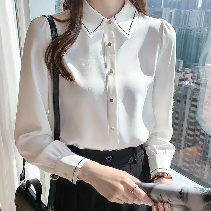 Fashion Lapel Bright Line Decoration Button Chiffon Shirt Women's Clothing 2022 Autumn New Loose Casual Tops Office Lady Blouse
