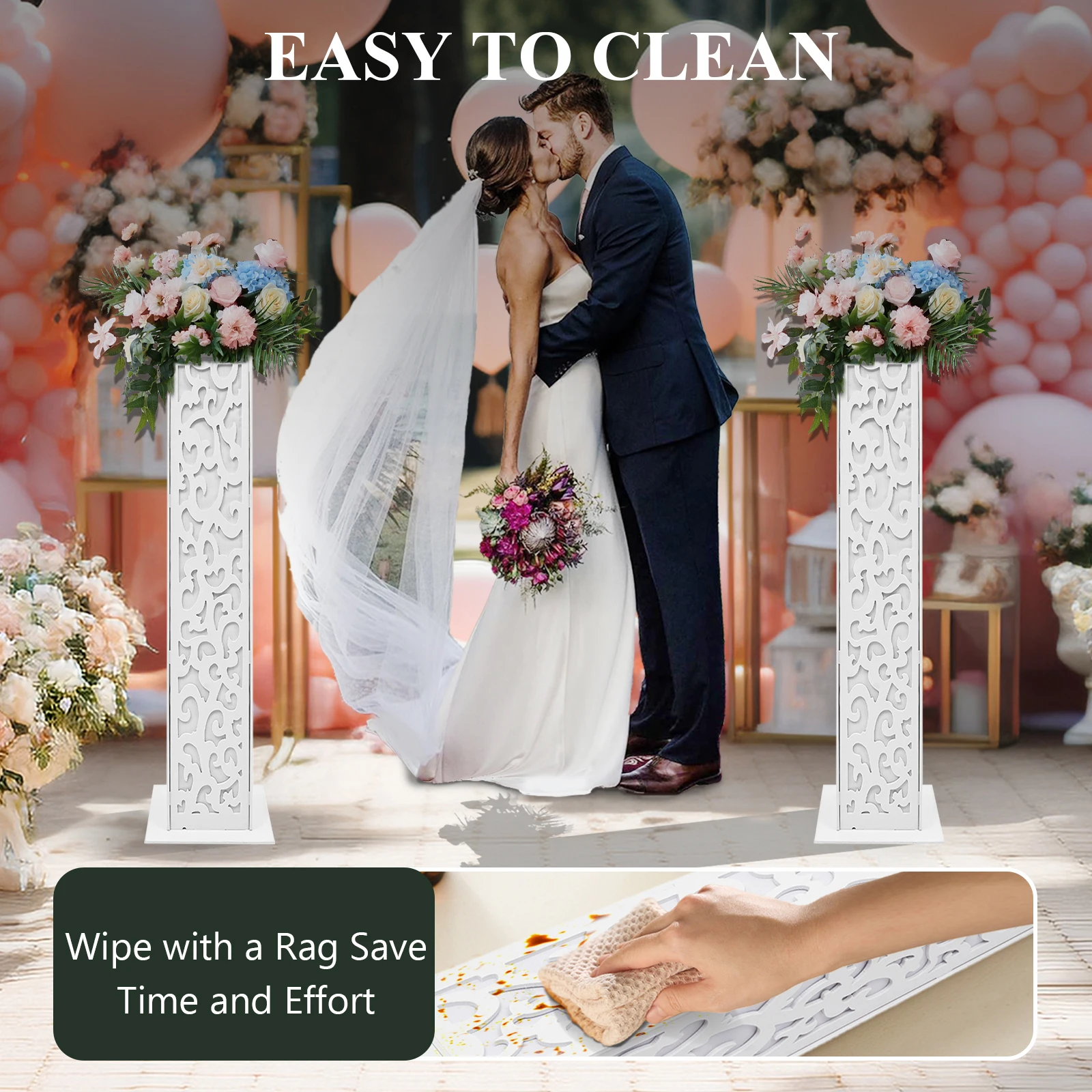 8-Piece Wedding Flower Columns PVC Hollow-Out Flower Satnd with LED Lights Decorative Cloud Pattern for Party Birthday Decor