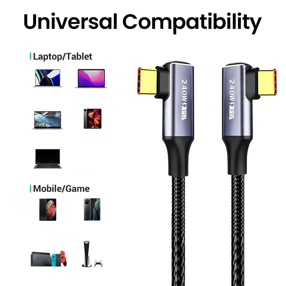 USB C Fast Charging Cable 90 Degree Type-C Data Cord PD 240W 48V 5A High-Speed EMAKER Chip for Laptop Tablet Mobile Phone