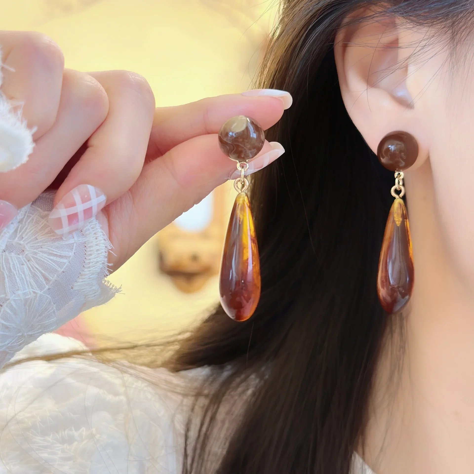Boucles D'oreilles Clips Vintage Rondes En Résine Transparente - Occasion Bon état
