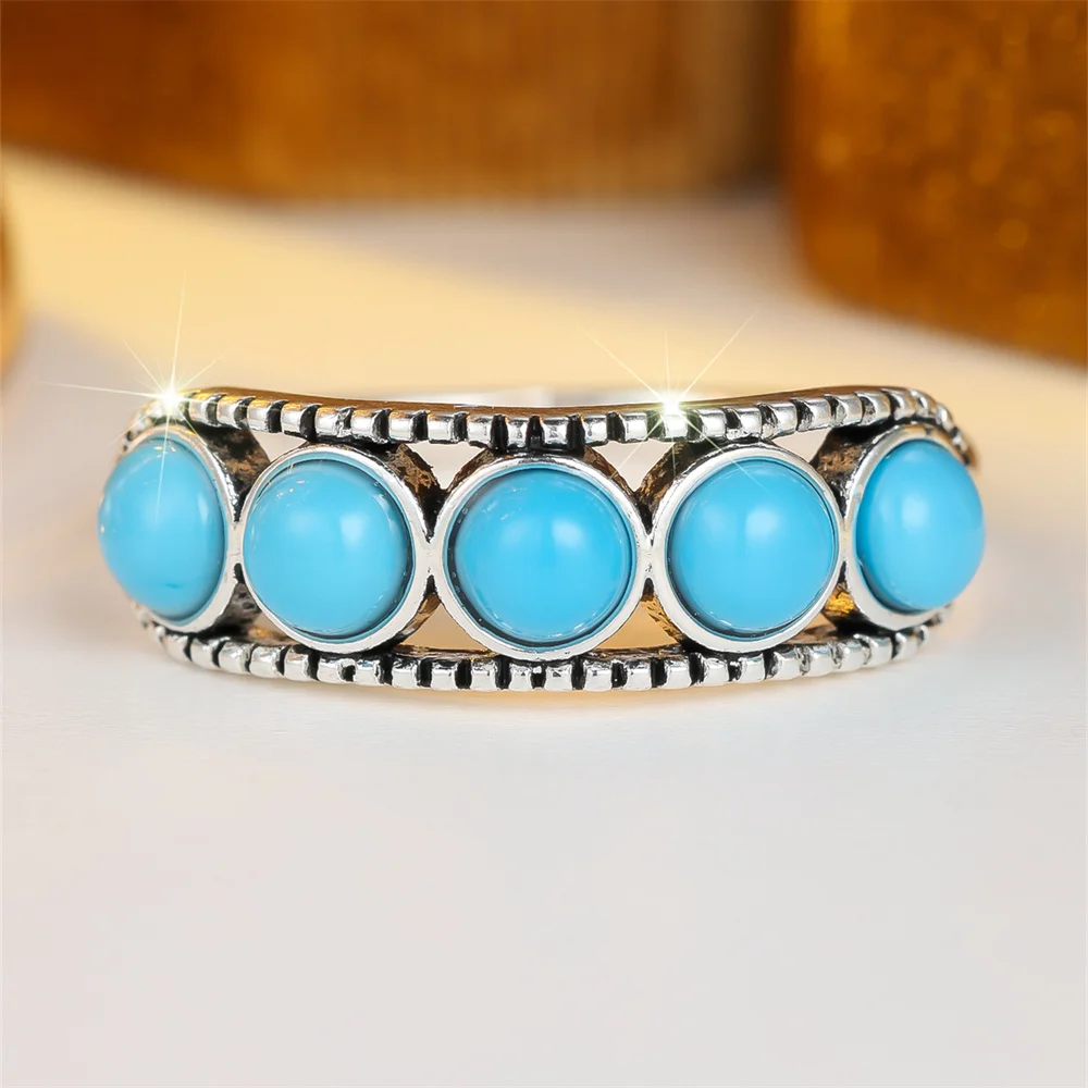 Single Row Blue Round Stone Simulated Turquoise Rings For Women Vintage Silver Color Ring Wedding Jewelry Bridal Versatile Gifts