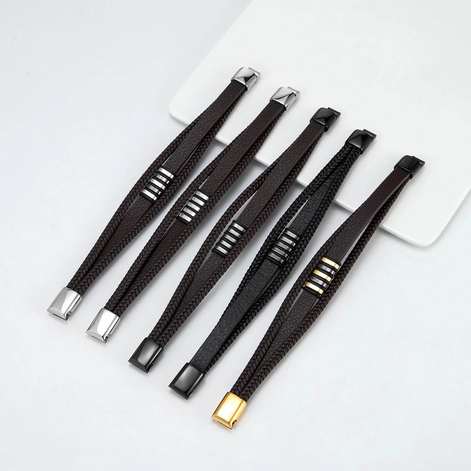 European And American Popular Stainless Steel Leather Bracelet Men's Multilayer Woven Leather Bracelet