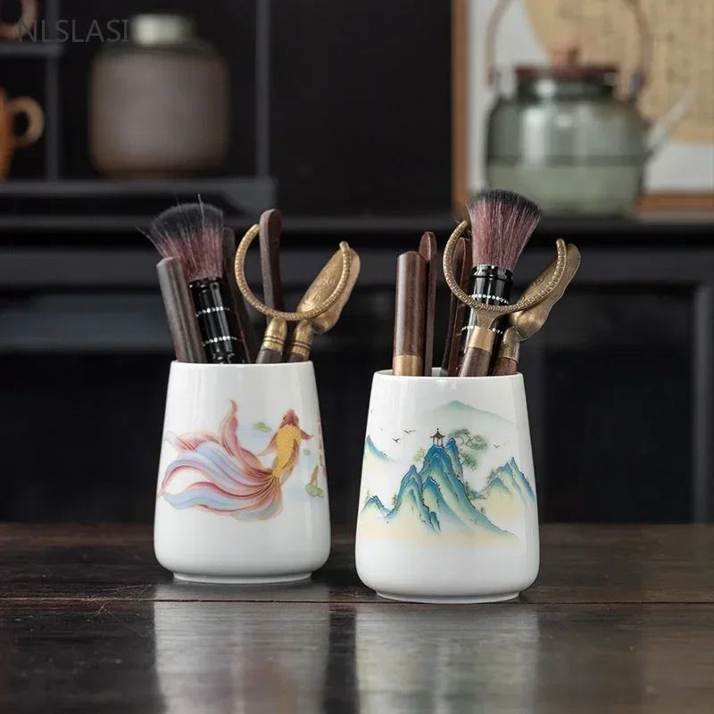 Mutton Fat Jade White Porcelain Storage Tank Six Gentlemen Set Traditional Tea Accessories Tea Needle Spoon Suit Tools